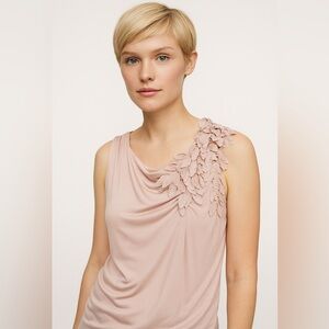 Milano Avant-Garde Beige Blouse Sleeveless with Floral Accent Size Medium